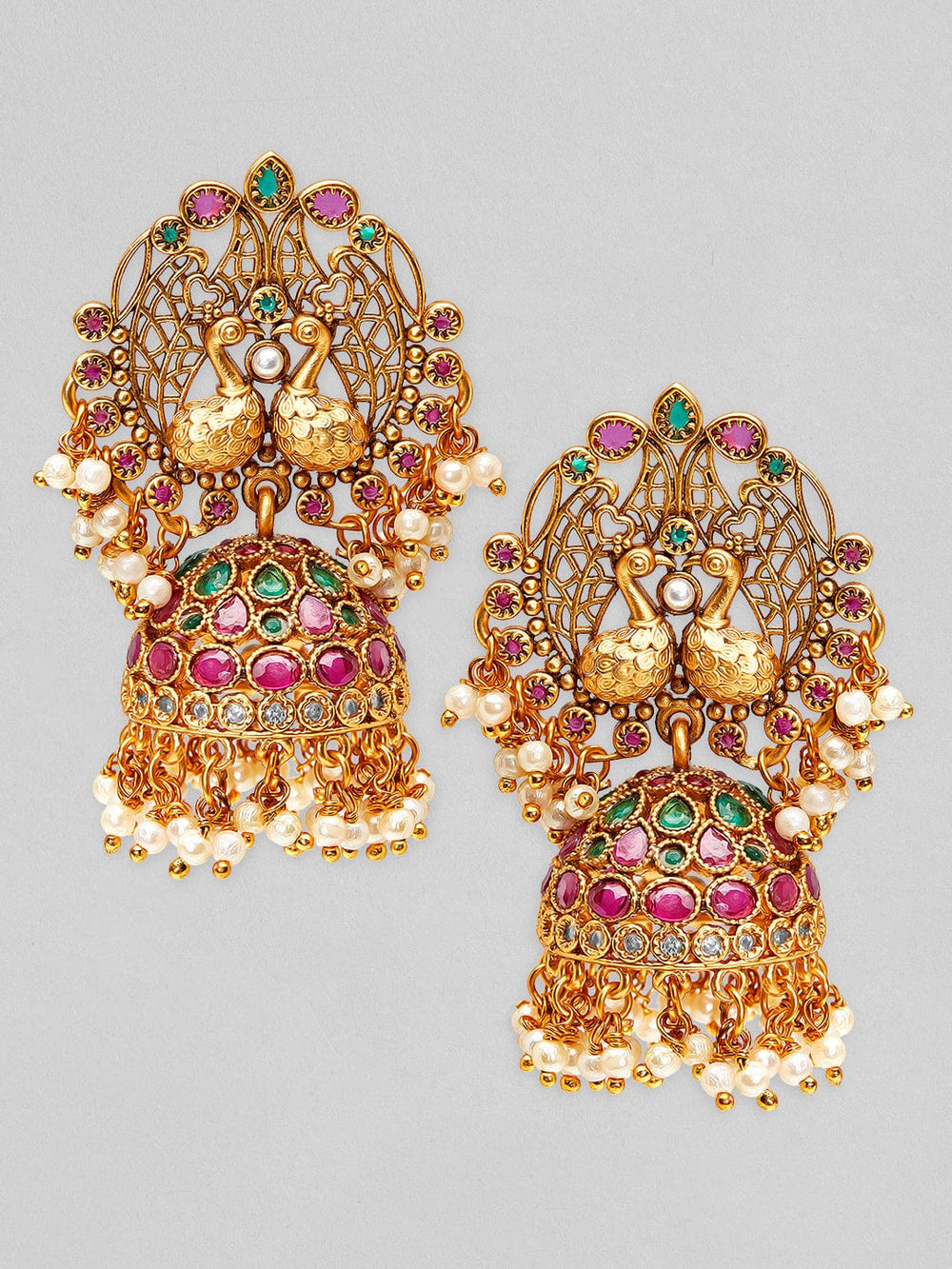 Rubans 22K Gold Plated Earrings With Peacock Design, Stone And Pearls. Earrings