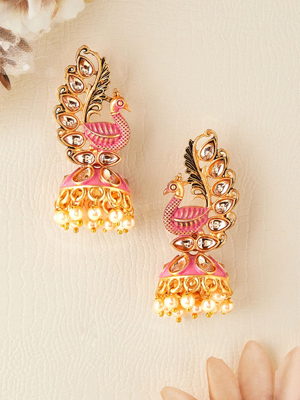 Rubans 22k Gold-Plated Handcrafted Kundan & Enamel Peacock Design Jhumka Earring Earrings