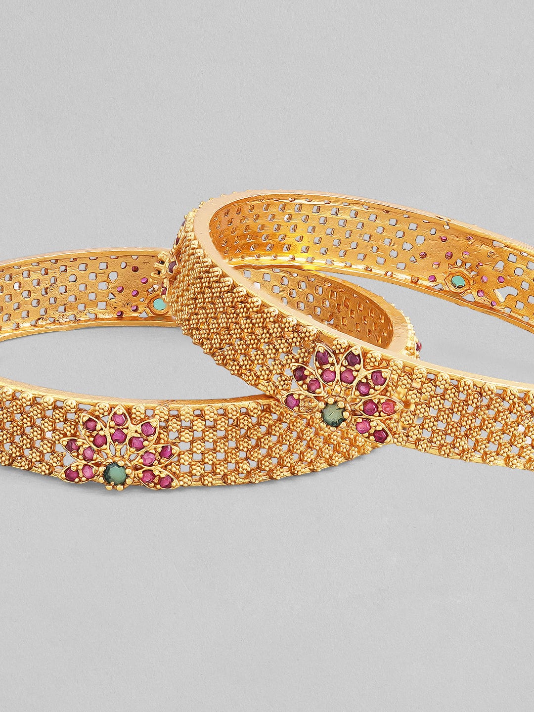 Rubans 22K Gold Plated Handcrafted Pink & Green Stone Studded Bangle Bangles & Bracelets