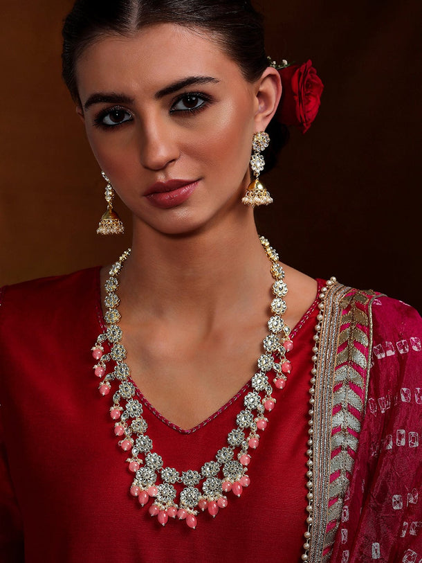 Rubans 22K Gold Plated Necklace Set With American Diamonds And Pink Stones. Necklace Set