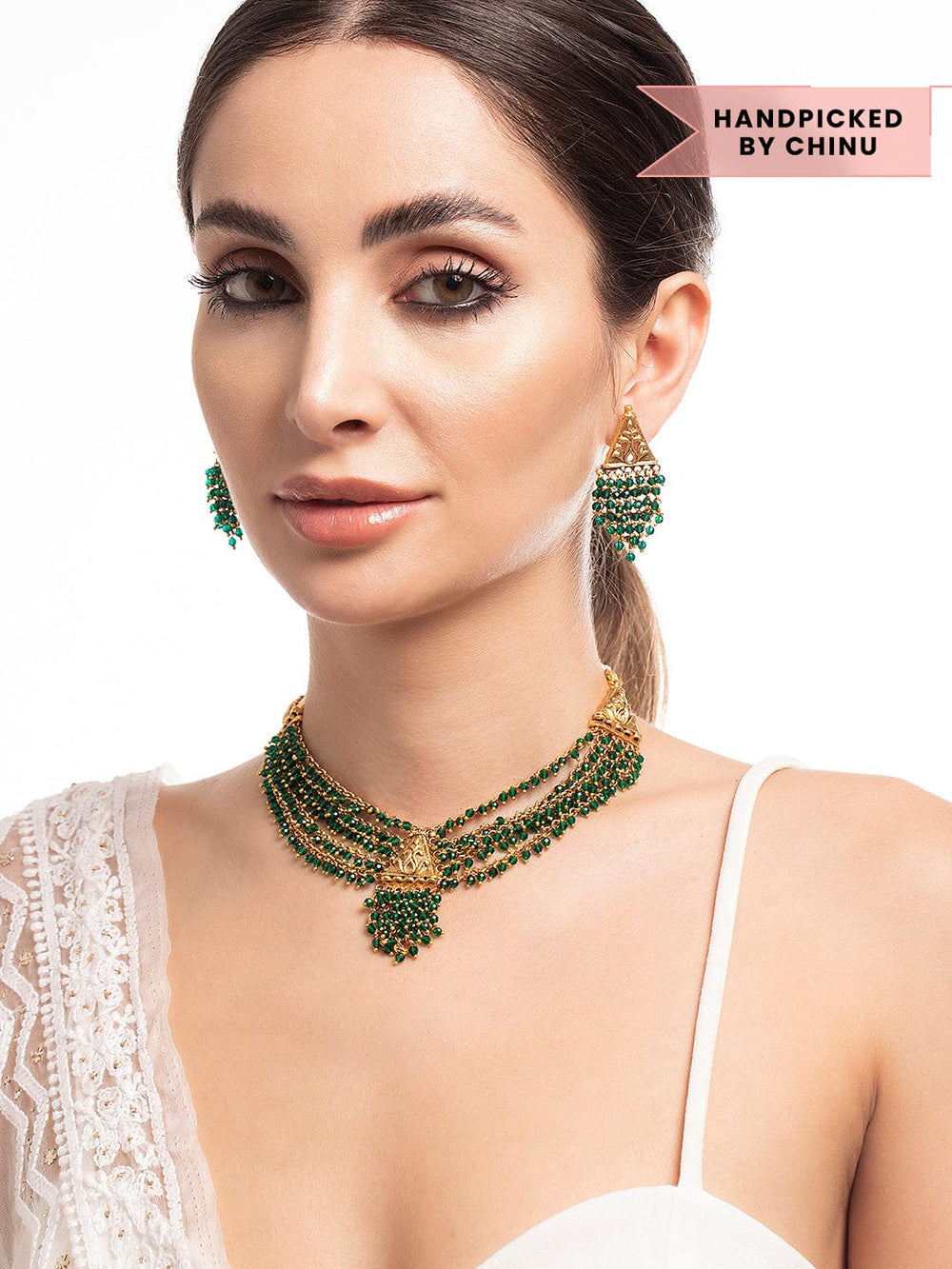 Rubans 22K Gold Plated Necklace Set With Green Beads Design Necklace Set
