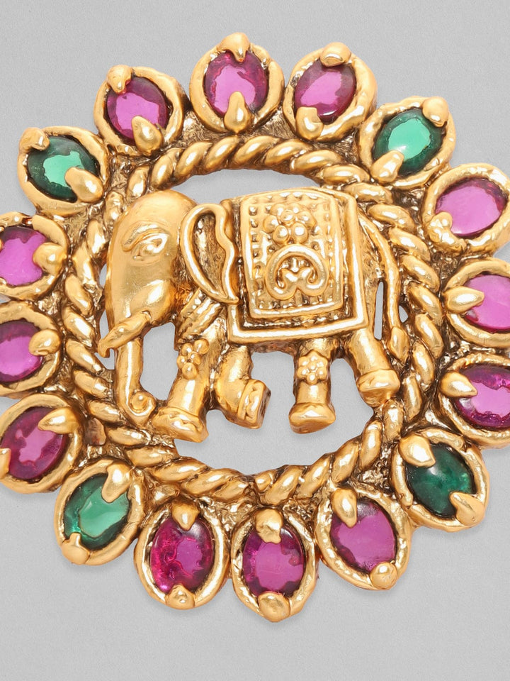 Rubans 22K Gold Plated Red & Green Zircons Studded Elephant Motif Temple Ring Rings