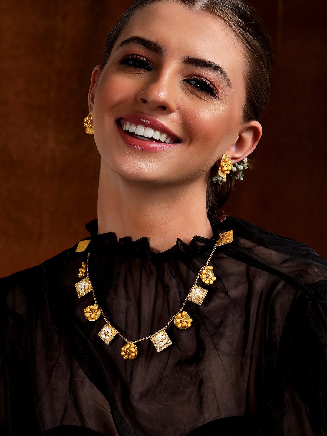 Rubans 24 K Gold Plated Necklace Set With Pearls And Golden Beads. Necklace Set