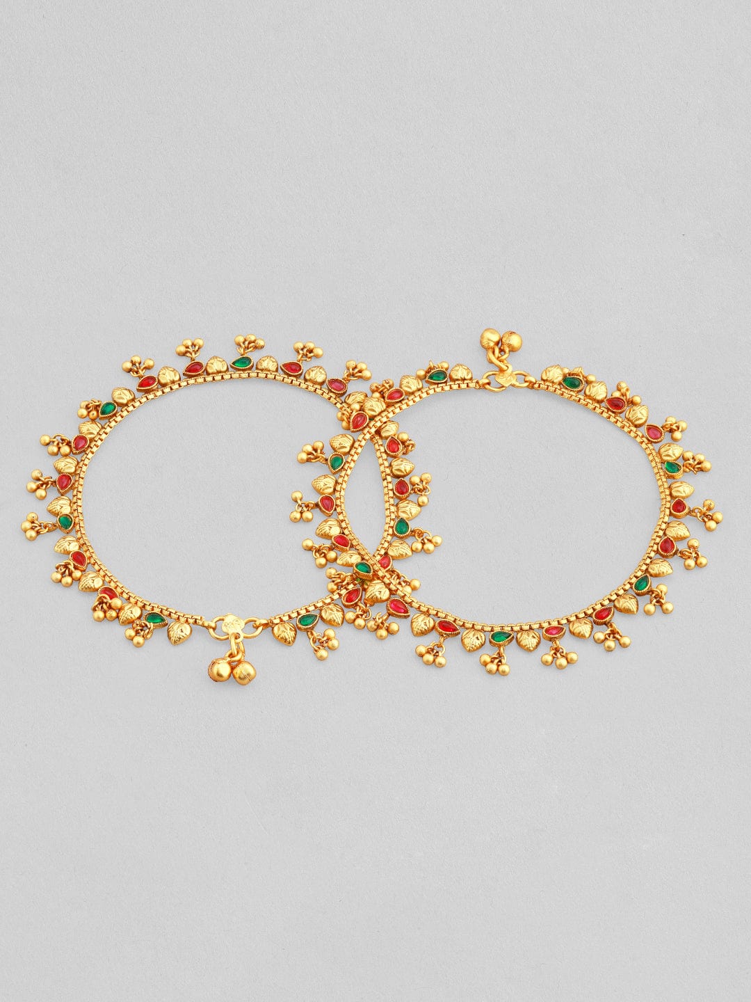 Rubans 24k Gold Plated Anklet With Red And Green Stones And Golden Beads. Anklets