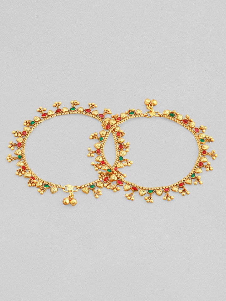 Rubans 24k Gold Plated Anklet With Red And Green Stones And Golden Beads. Anklets