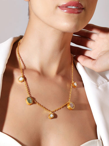 Rubans 24K Gold Plated Chain Necklace With Stones And Pearls Chain & Necklaces