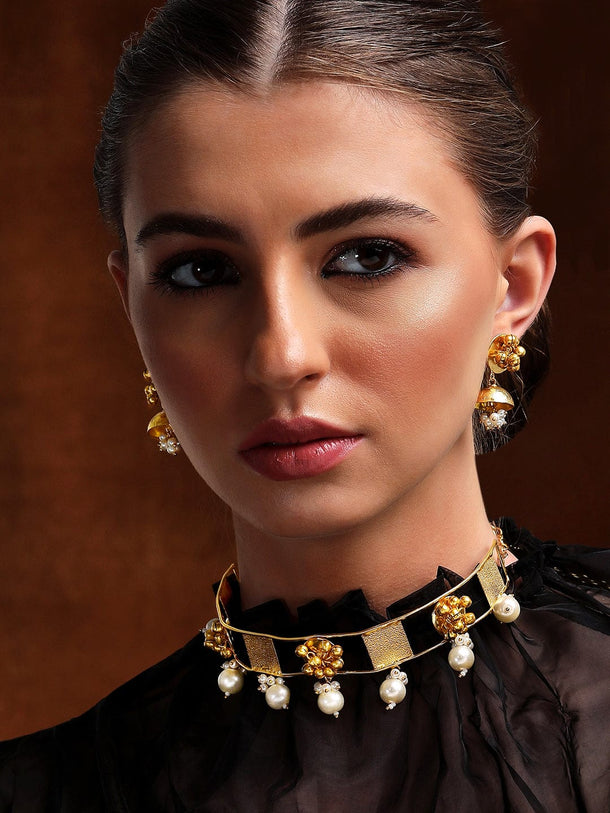 Rubans 24K Gold Plated Choker Set With Pearls, Square And Floral Design Necklace Set