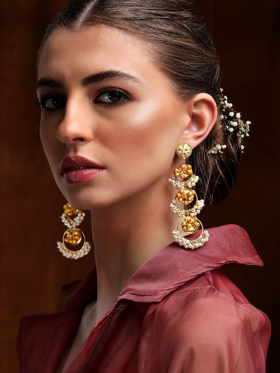 Rubans 24K Gold Plated Drop Earrings With Circular Design, Pearls And Beads Earrings