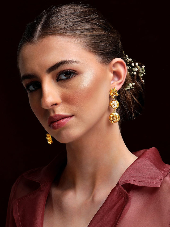 Rubans 24K Gold Plated Drop Earrings With Circular Design, Pearls And Beads Earrings