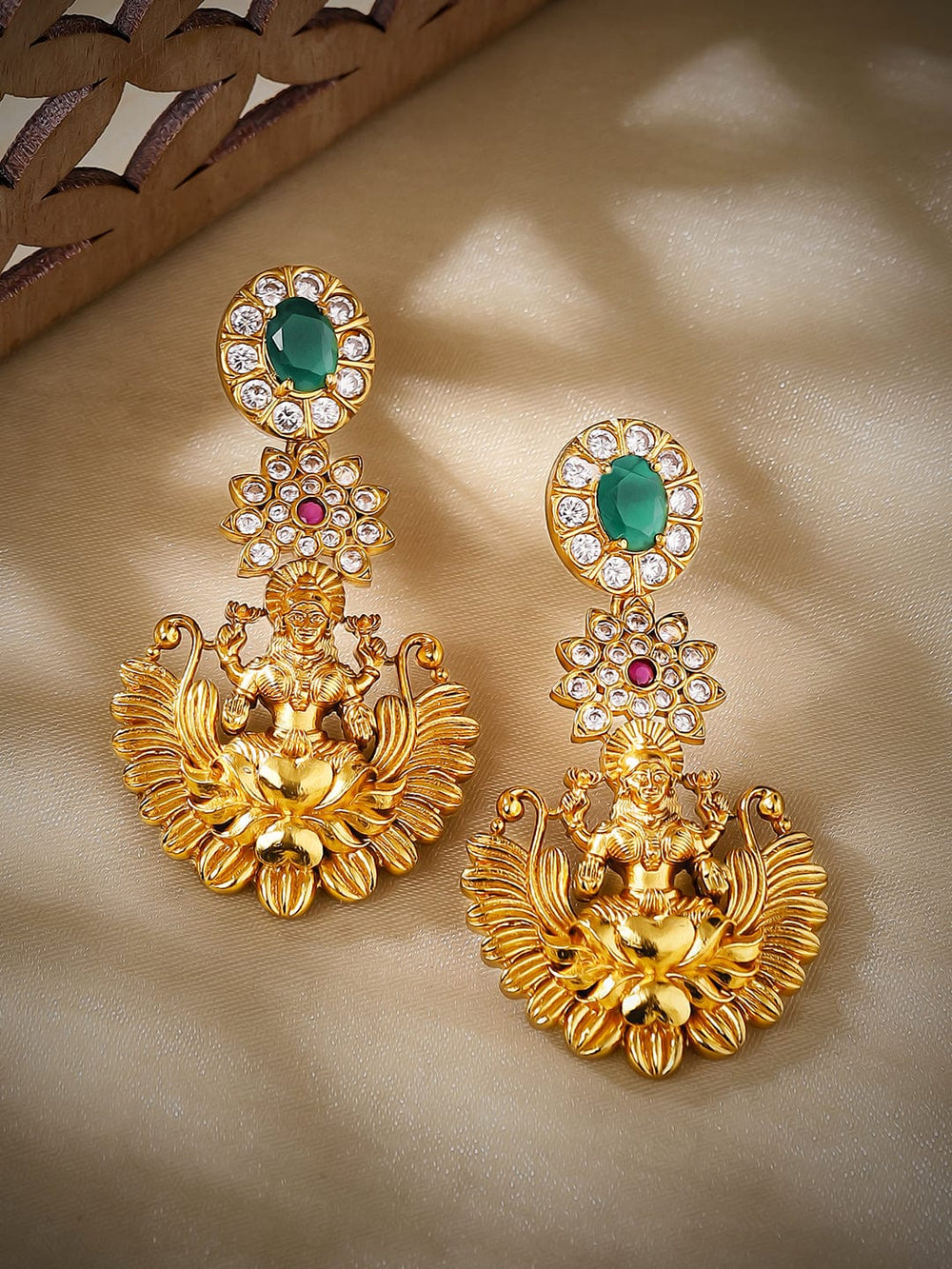 Rubans 24K Gold Plated Emerald Studded Divine Lakshmi Temple Drop Earrings Earrings