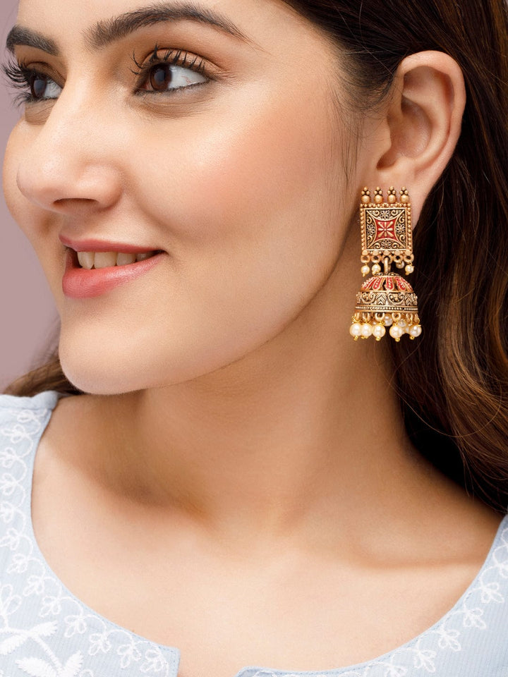 Rubans 24K Gold Plated Enamel Handpainted & White Beaded Filigree Jhumka Earrings Earrings