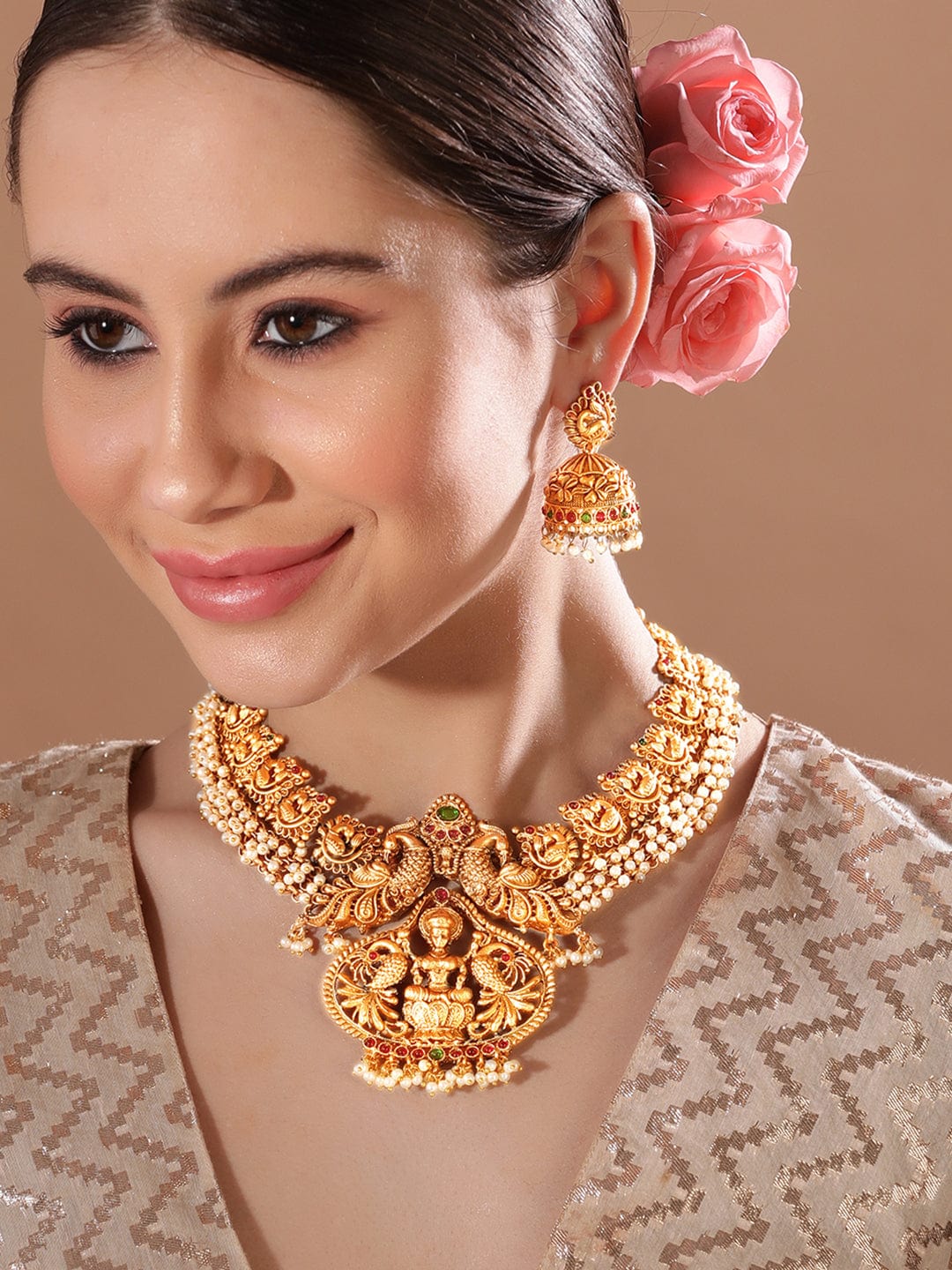 Rubans 24K Gold Plated Filigree Handcrafted Ruby Studded Temple Necklace Set Necklace Set