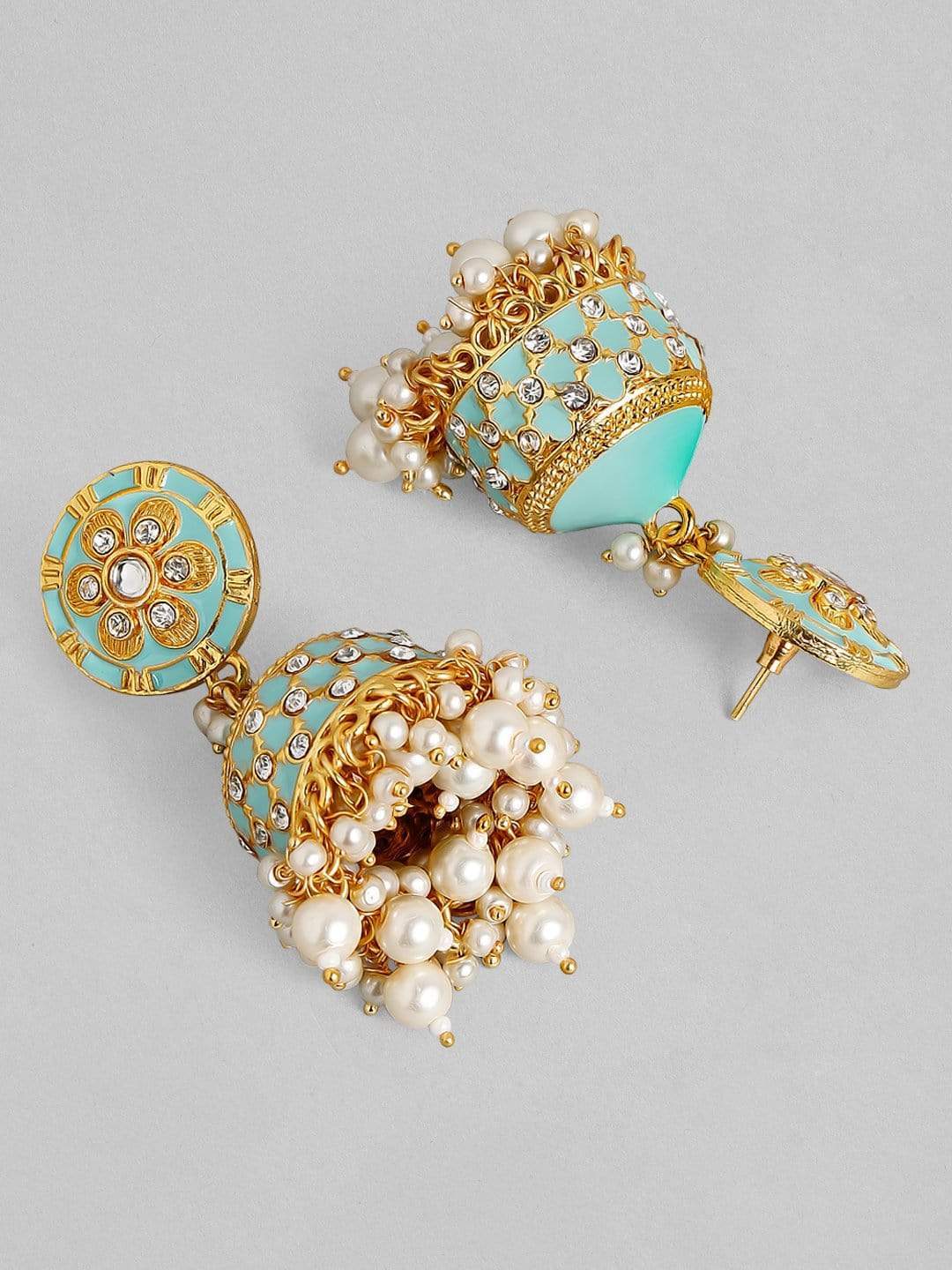 Rubans 24K Gold Plated Handcrafted Blue Enamel & Kundan with Pearls Jhumka Earrings Earrings