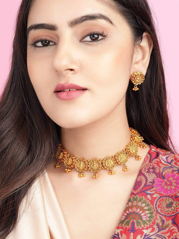 Rubans 24K Gold Plated Handcrafted Intricate Temple Necklace Set Necklace Set
