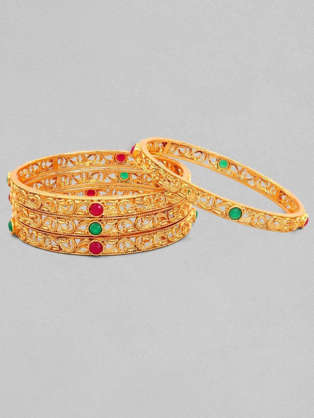 Rubans 24K Gold Plated Handcrafted Ruby Stone Filigree Set of 4 Bangles Bangles & Bracelets