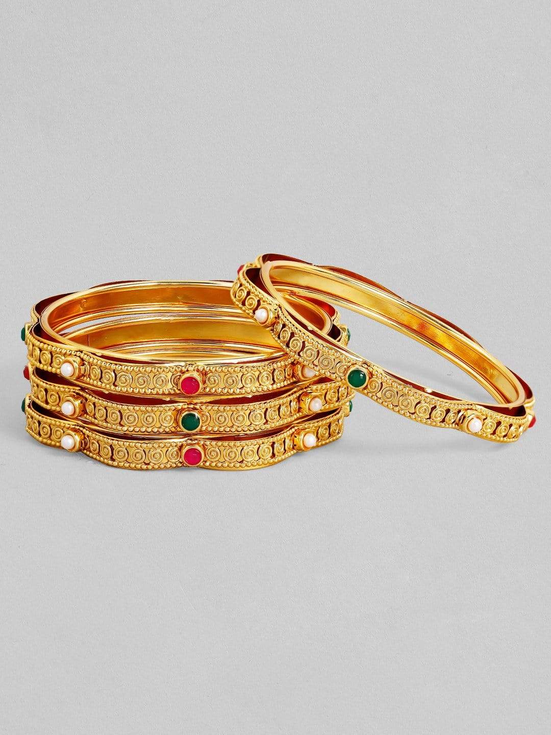 Rubans 24K Gold Plated Handcrafted Ruby Stone Filligree Set of 4 Bangles Bangles & Bracelets