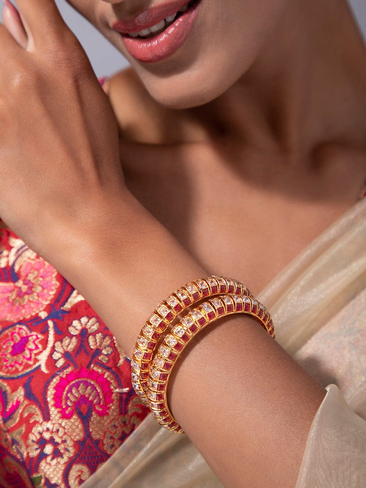 Rubans 24K Gold Plated Handcrafted Ruby Stone & Kundan Set of 2 Bangles Bangles & Bracelets