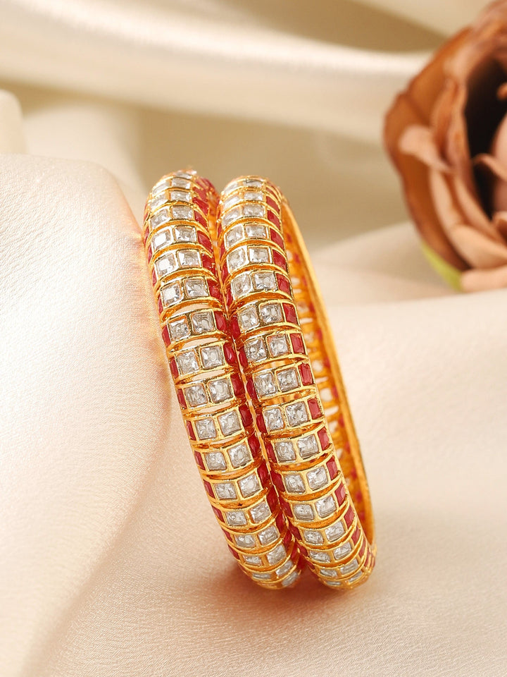 Rubans 24K Gold Plated Handcrafted Ruby Stone & Kundan Set of 2 Bangles Bangles & Bracelets