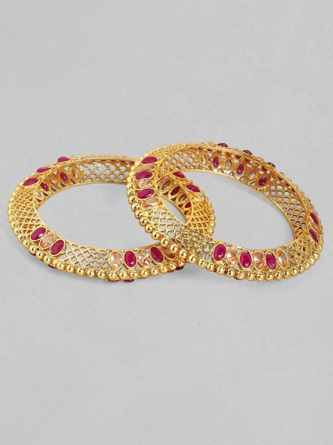 Rubans 24K Gold Plated Handcrafted Ruby Stone Studded Filigree Set of 2 Bangles Bangles & Bracelets