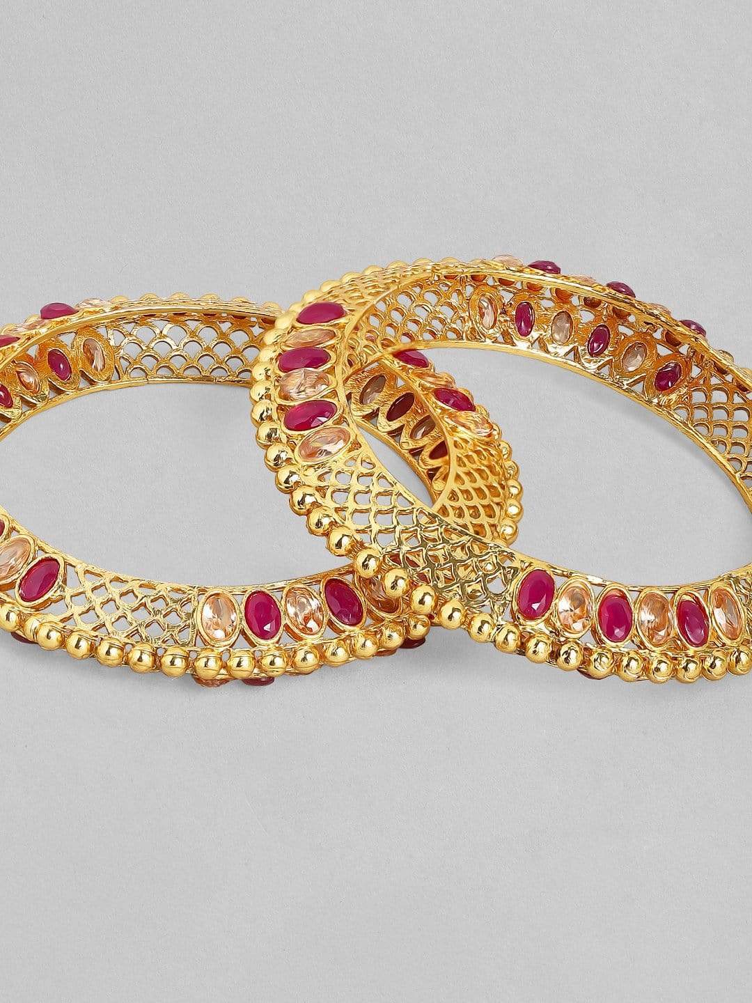 Rubans 24K Gold Plated Handcrafted Ruby Stone Studded Filigree Set of 2 Bangles Bangles & Bracelets