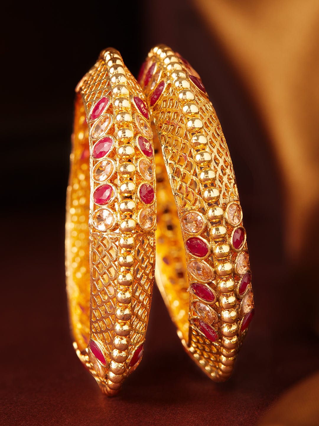 Rubans 24K Gold Plated Handcrafted Ruby Stone Studded Filigree Set of 2 Bangles Bangles & Bracelets