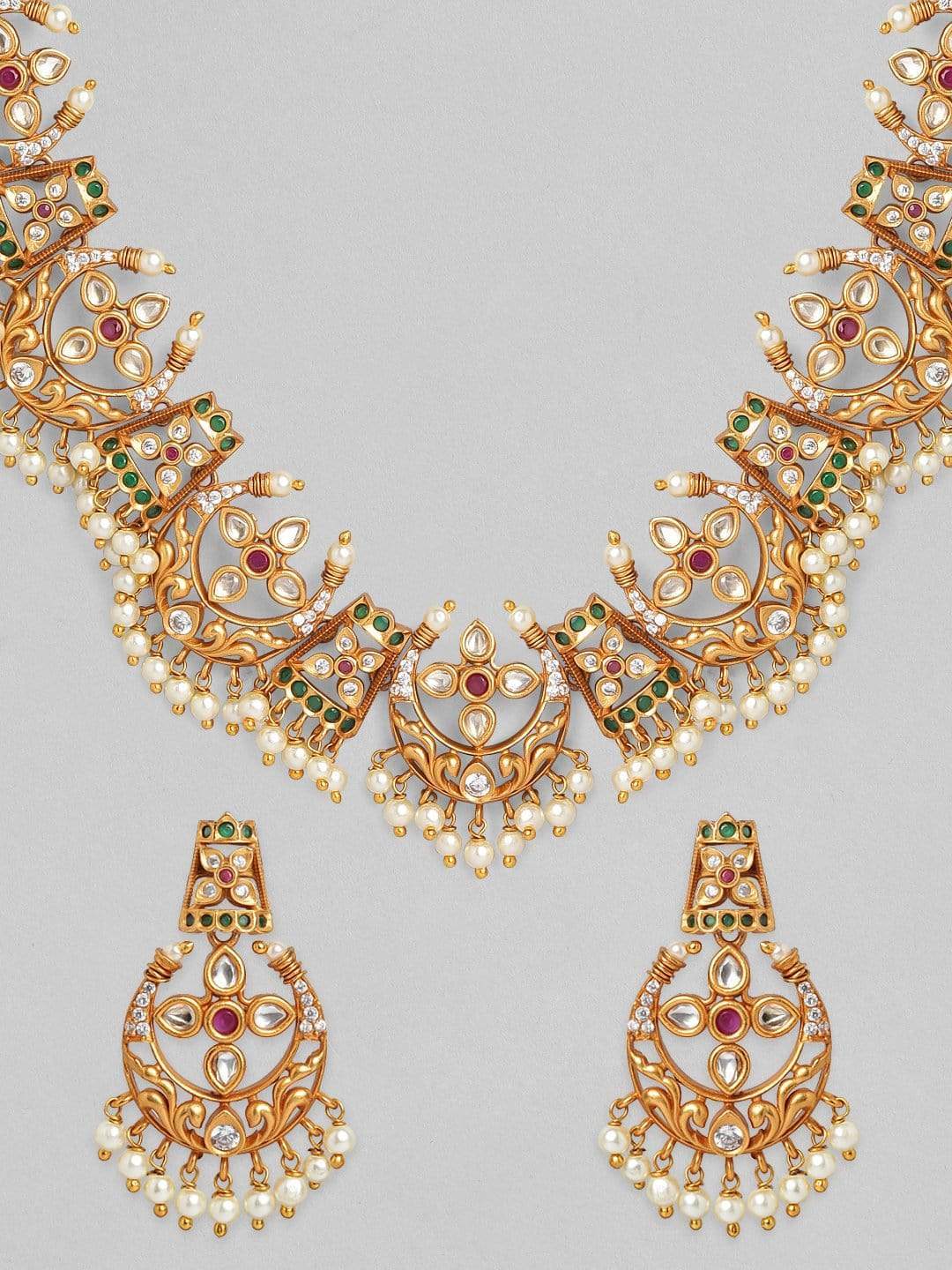 Rubans 24K Gold Plated Handcrafted Ruby Stone Studded Temple Necklace Set Necklace Set