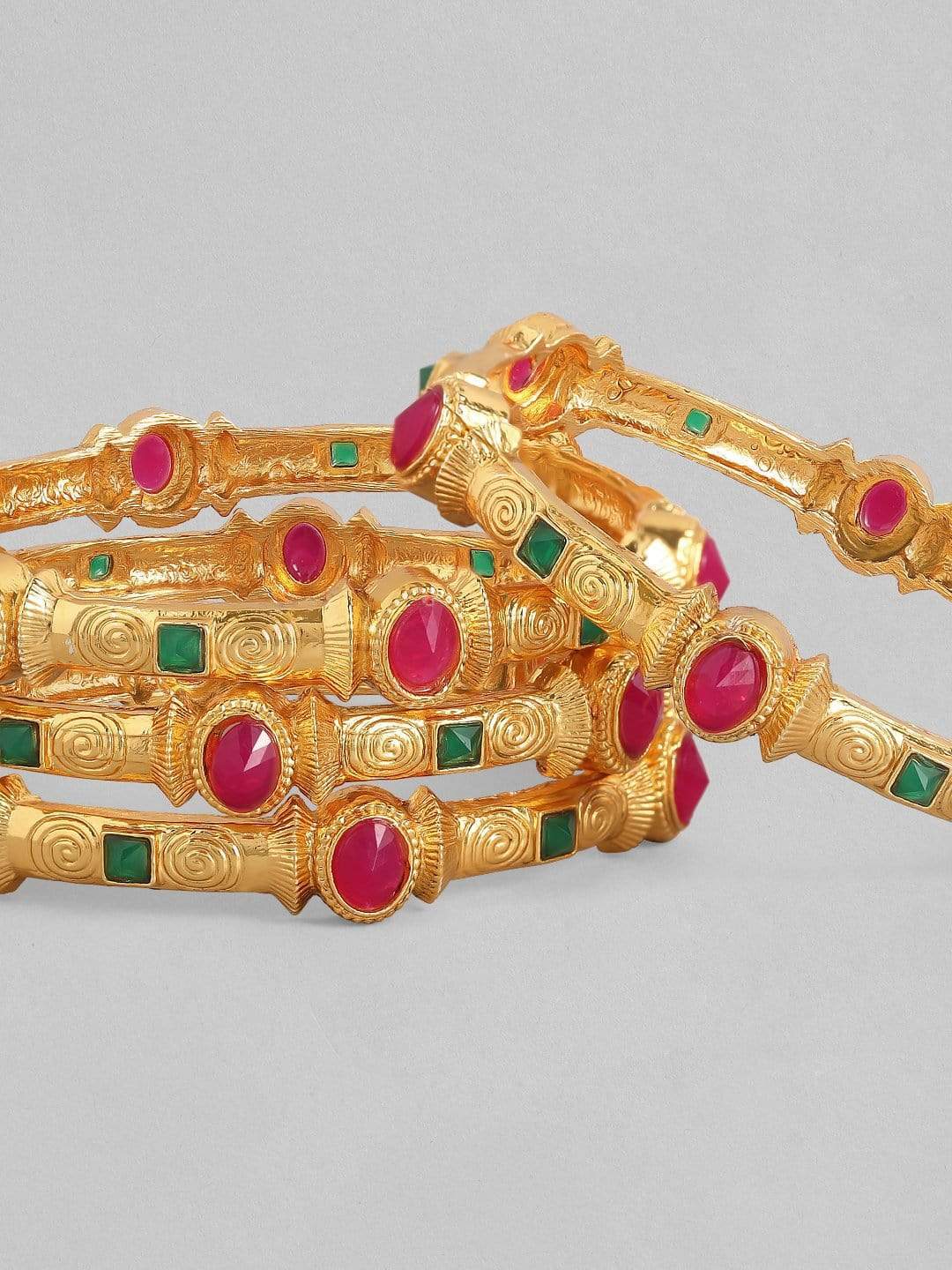 Rubans 24K Gold Plated Handcrafted Ruby Stone with Filigree Set of 4 Bangles Bangles & Bracelets