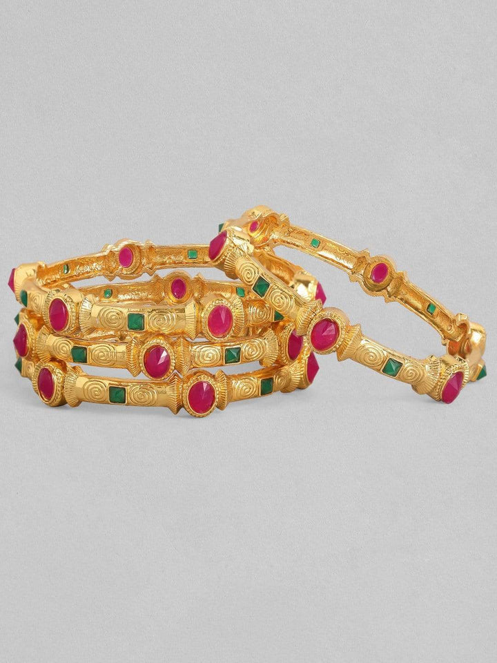 Rubans 24K Gold Plated Handcrafted Ruby Stone with Filigree Set of 4 Bangles Bangles & Bracelets