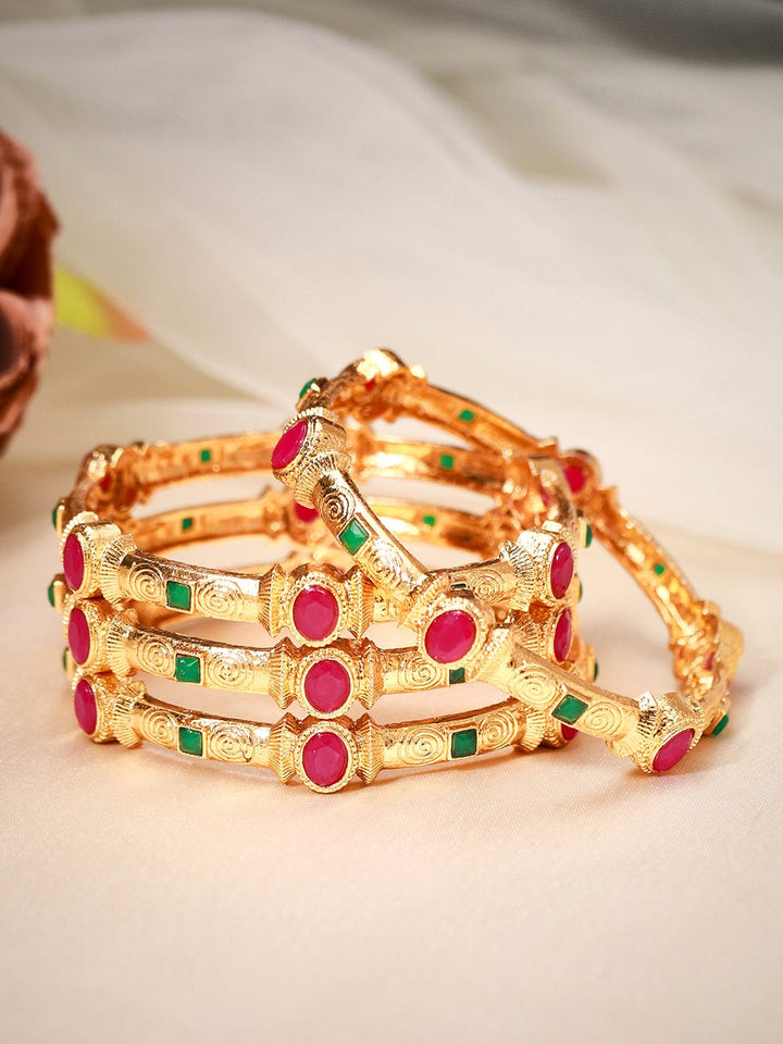 Rubans 24K Gold Plated Handcrafted Ruby Stone with Filigree Set of 4 Bangles Bangles & Bracelets