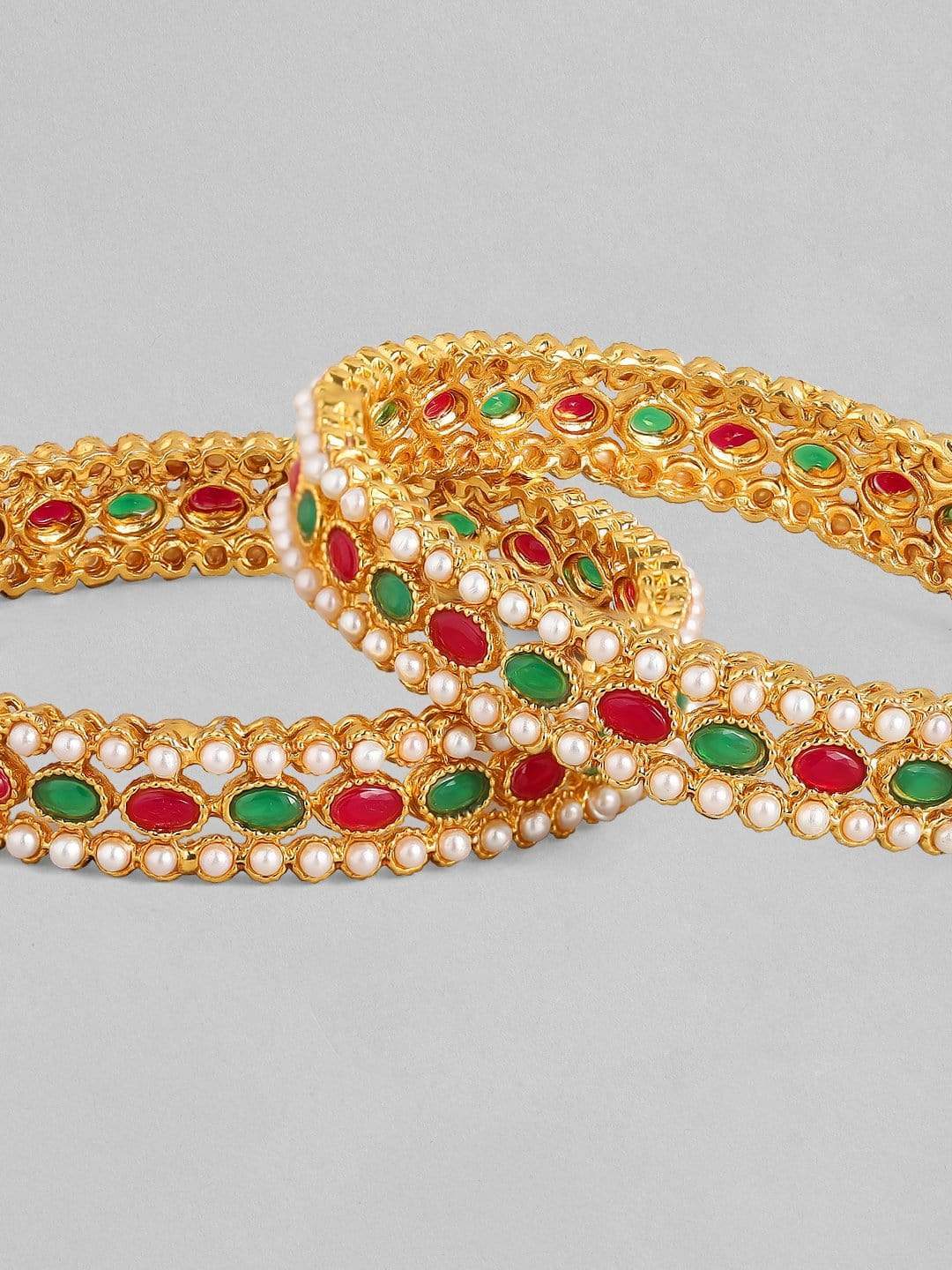 Rubans 24K Gold Plated Handcrafted Ruby Stone with White Beads Set of 2 Bangle Set Bangles & Bracelets