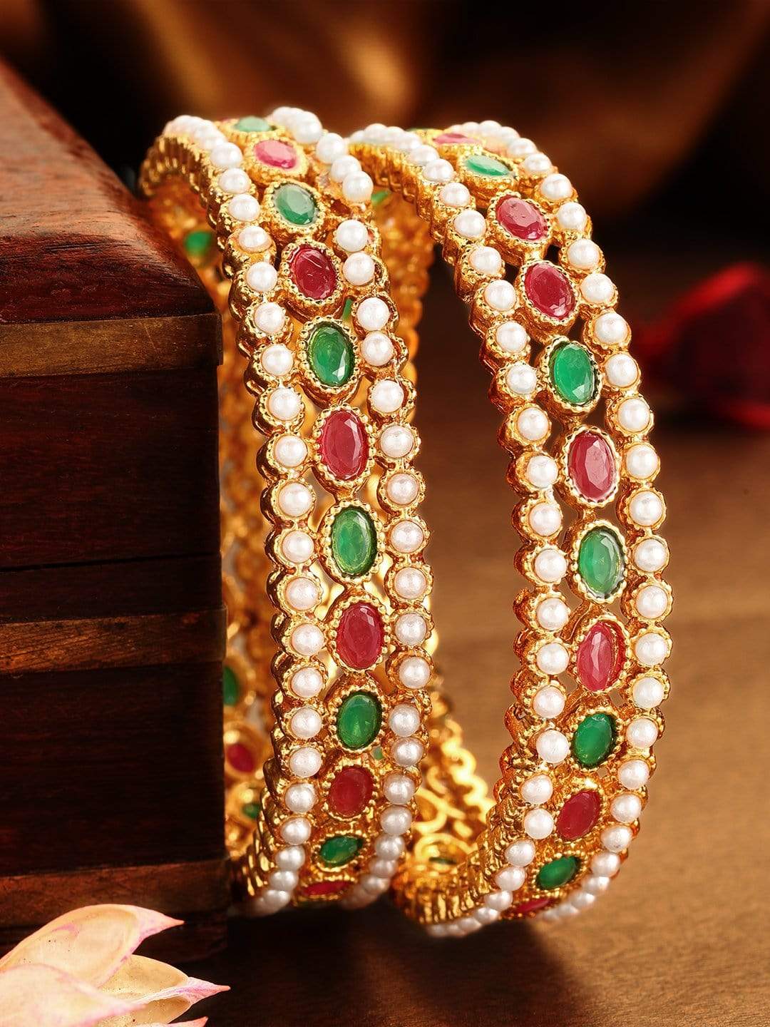 Rubans 24K Gold Plated Handcrafted Ruby Stone with White Beads Set of 2 Bangle Set Bangles & Bracelets