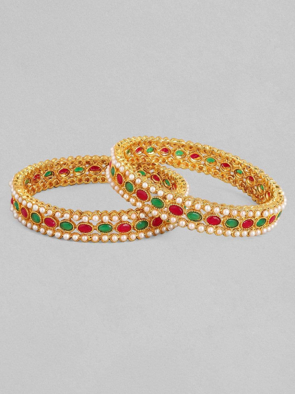 Rubans 24K Gold Plated Handcrafted Ruby Stone with White Beads Set of 2 Bangle Set Bangles & Bracelets