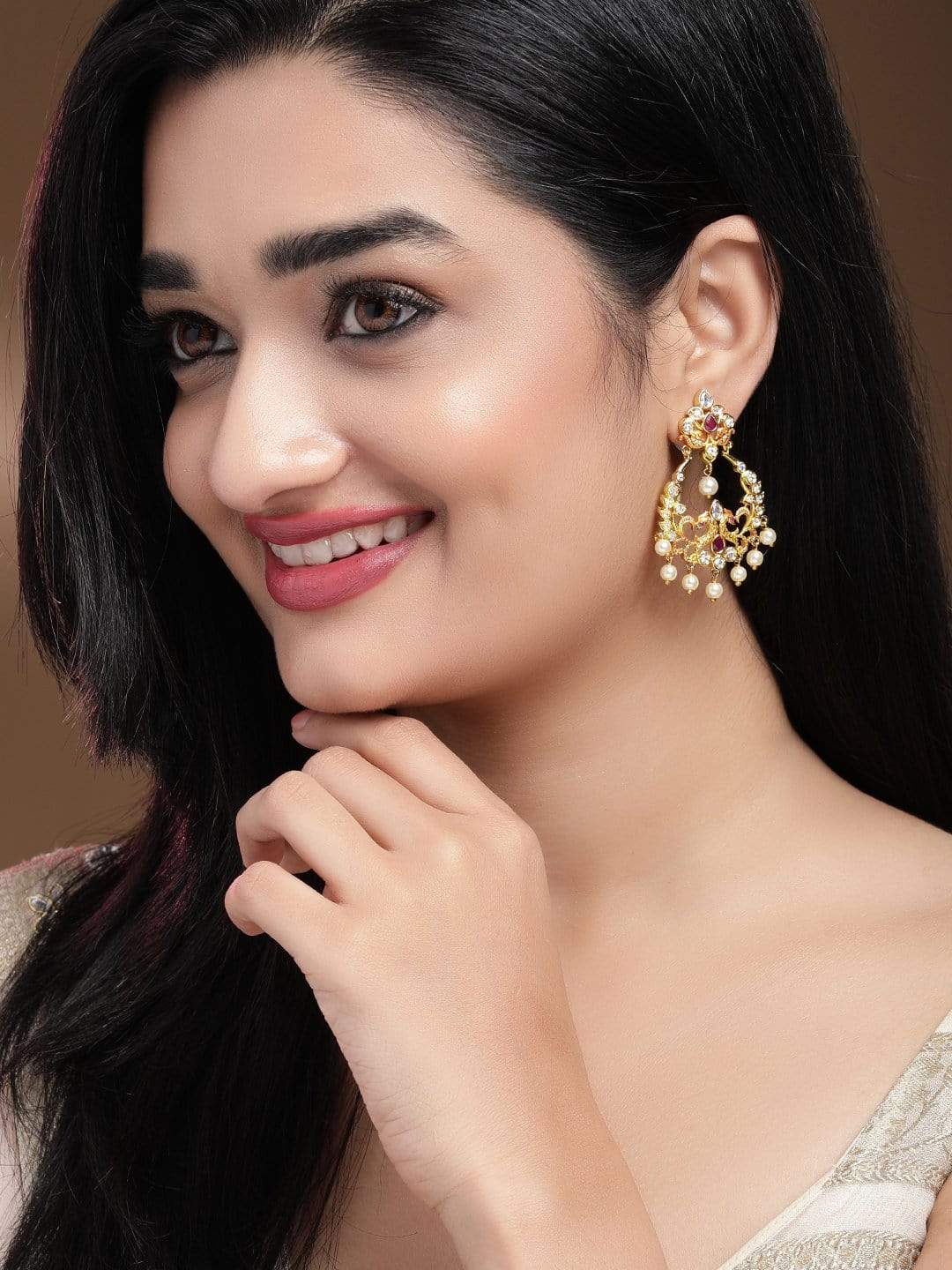 Rubans 24K Gold Plated Handcrafted Ruby Stone with White Pearls Drop Earrings Earrings