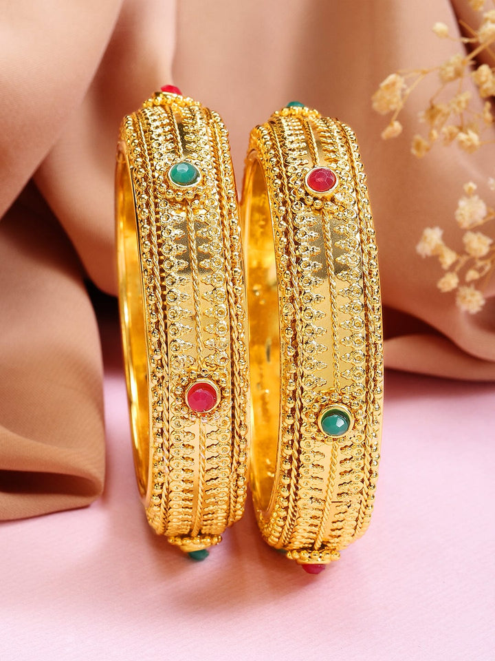 Rubans 24K Gold Plated Handcrafted Ruby Studded & Filigree Design Set of 2 Bangles Bangles & Bracelets