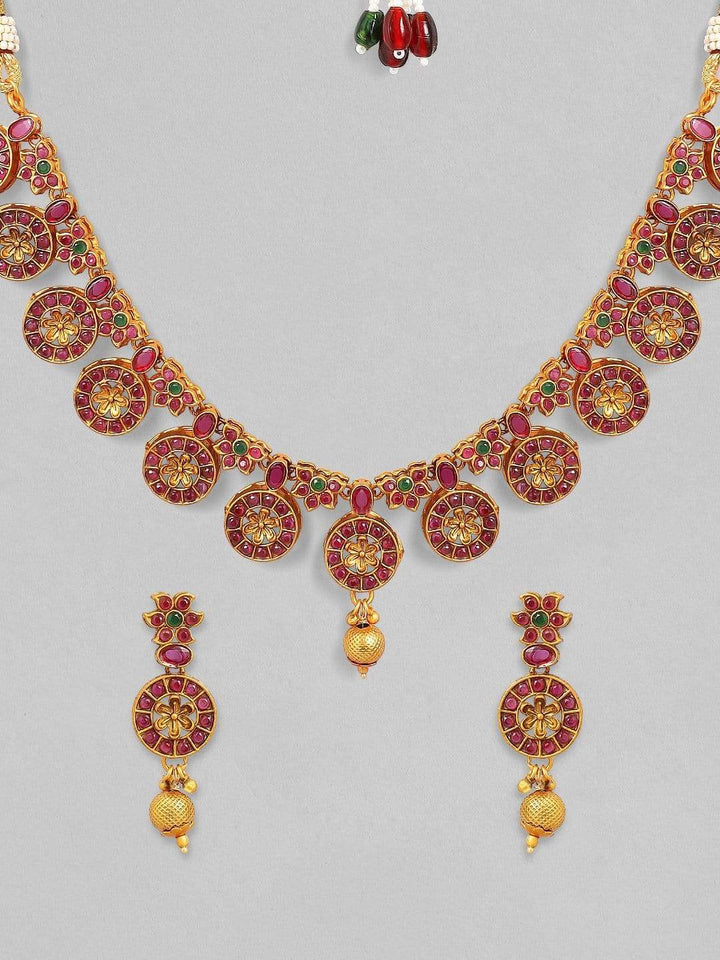 Rubans 24K Gold Plated Handcrafted Ruby Studded Necklace Set Necklace Set