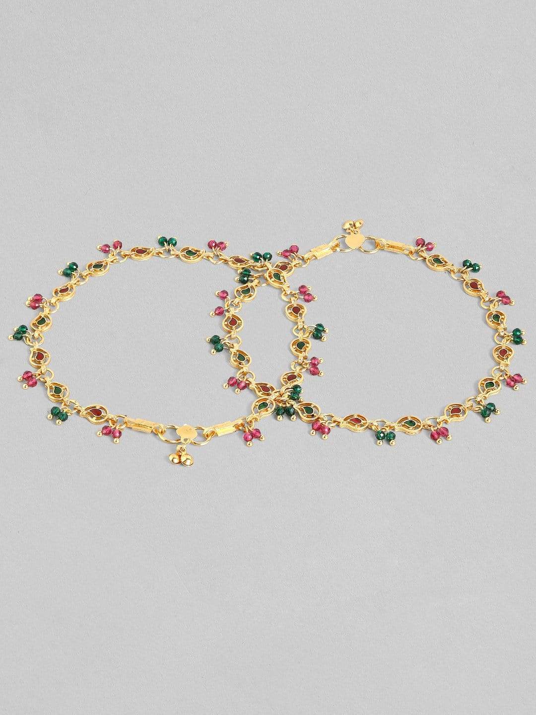 Rubans 24K Gold Plated Handcrafted Ruby with Paisley Shape Anklet Set