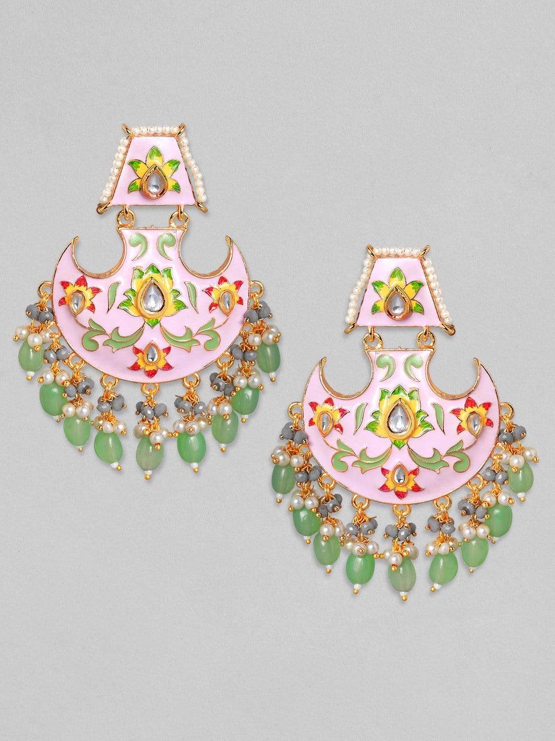 Rubans 24K Gold Plated Kundan Enamel with Beads Handcrafted Chandbali Earrings Earrings