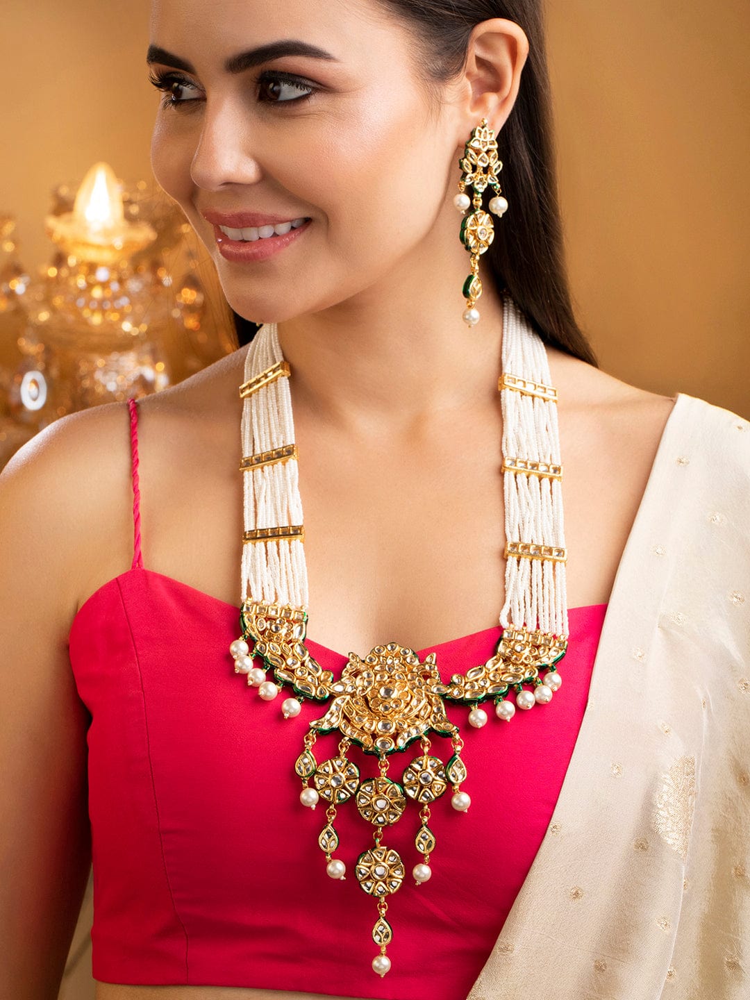 Rubans 24K Gold Plated Kundan Necklace Set With Layered Design Jewelry Sets