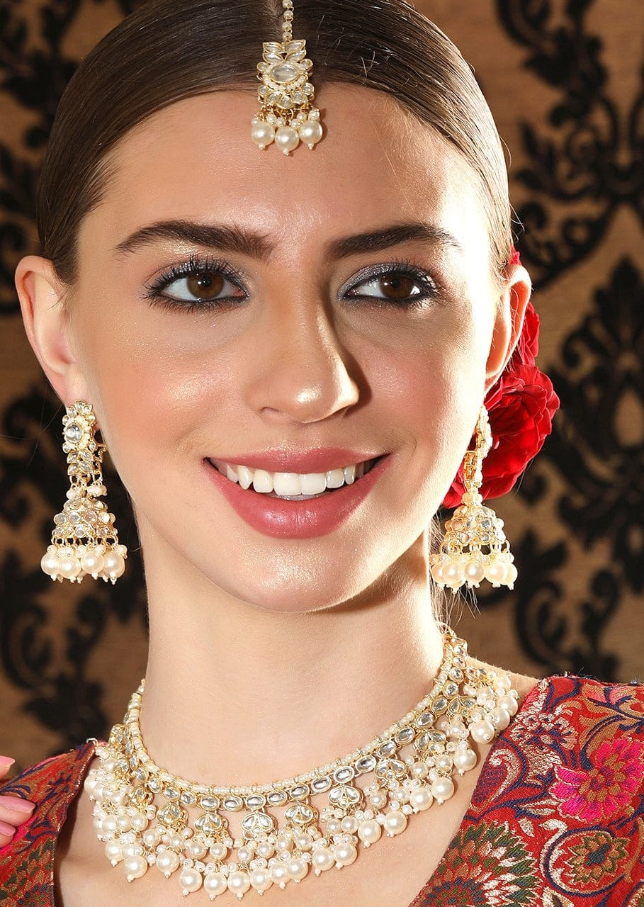 Rubans 24K Gold Plated Kundan Studded Pearl Beaded Jumkhas & Necklace Set Necklace Set