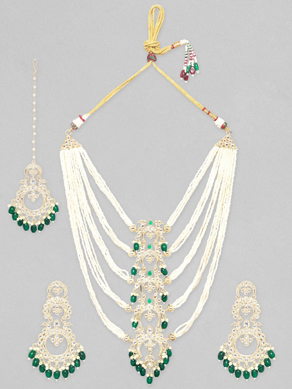Rubans 24K Gold Plated Kundan Studded Pearl Beaded Long Necklace, Earring & Maangtikka Set Necklace Set