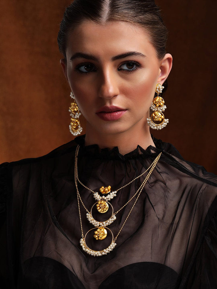 Rubans 24K Gold Plated Layered Necklace Set With Pearls And Floral Design Necklace Set