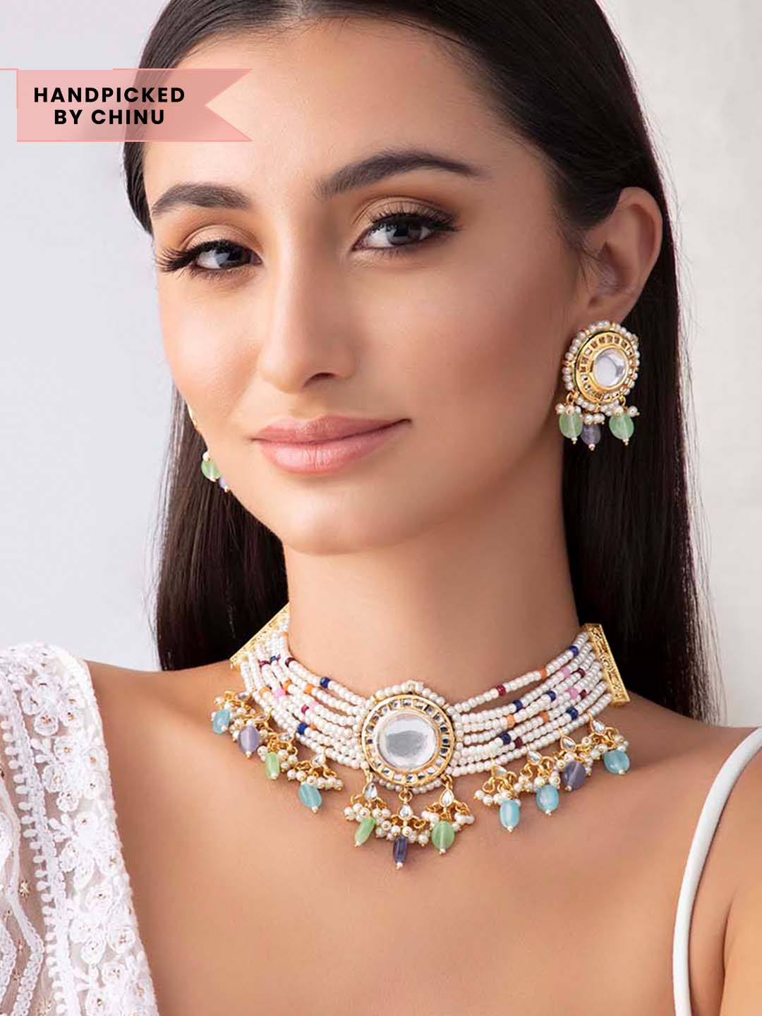 Rubans 24K Gold Plated Polki Necklace Set With Multicolour Beads And Pearls Necklace Set