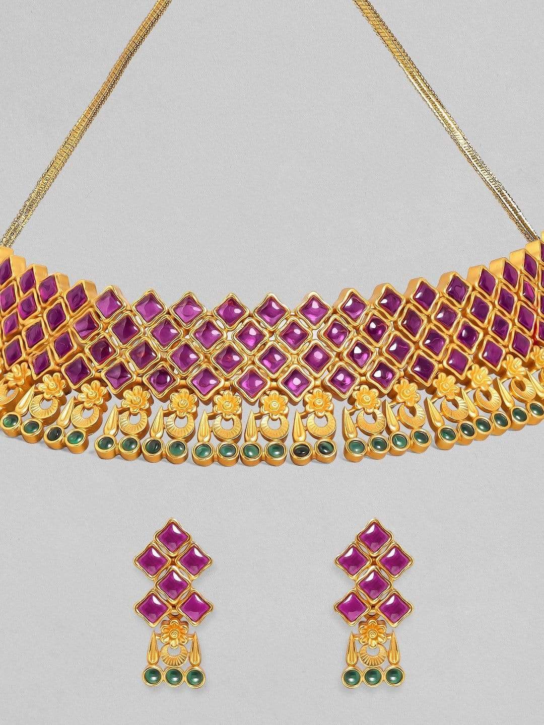 Rubans 24K Gold-Plated Purple & Green Ruby-Studded Handcrafted Jewellery Set Necklace Set