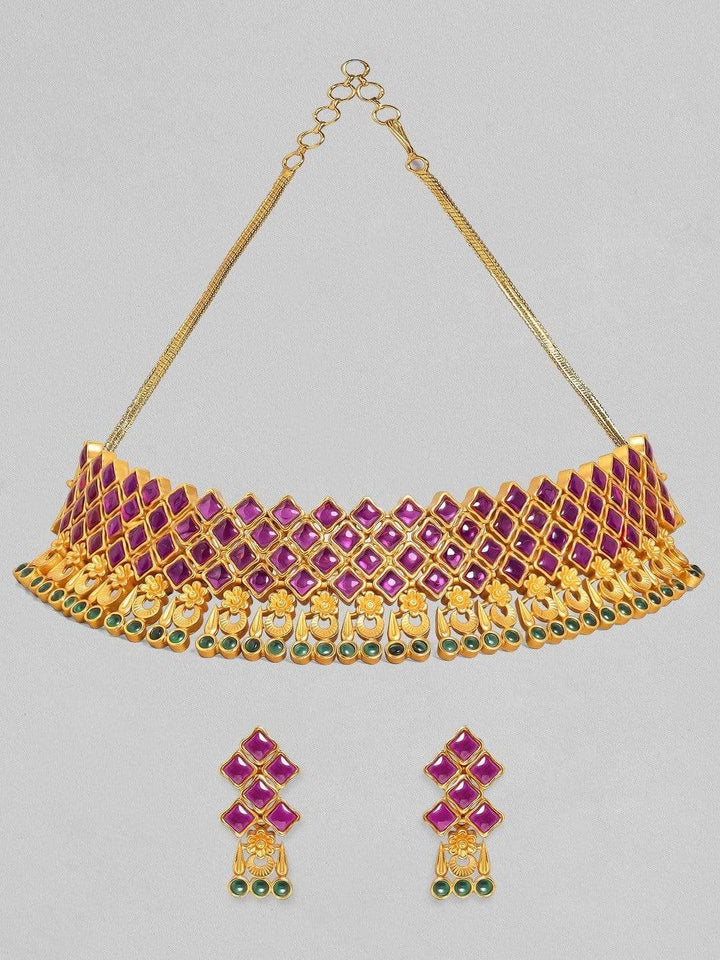 Rubans 24K Gold-Plated Purple & Green Ruby-Studded Handcrafted Jewellery Set Necklace Set