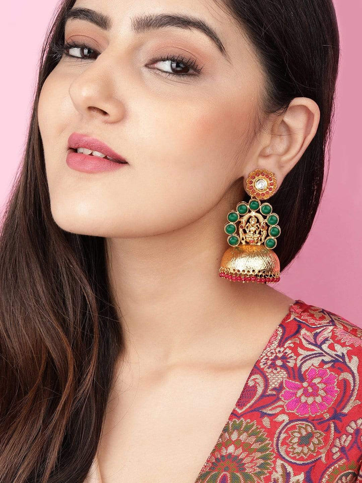 Rubans 24K Gold Plated Red and Green Studded Jhumka Earrings Earrings