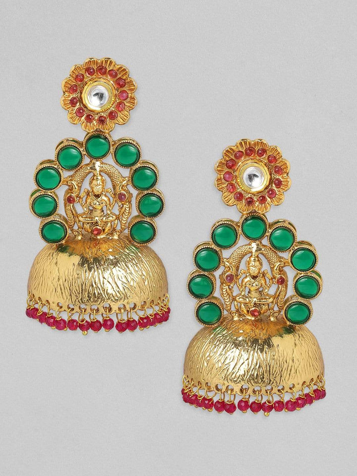 Rubans 24K Gold Plated Red and Green Studded Jhumka Earrings Earrings