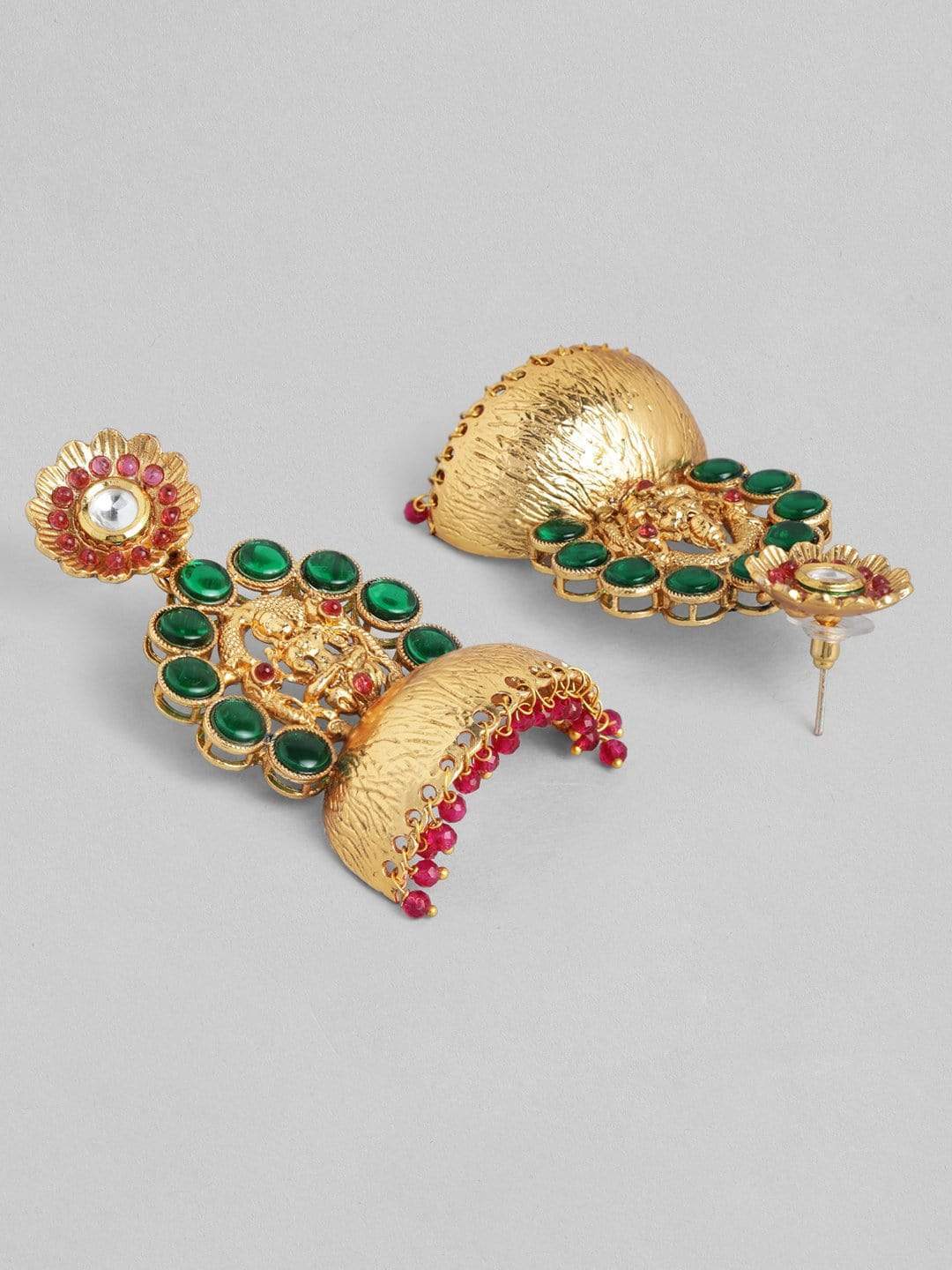 Rubans 24K Gold Plated Red and Green Studded Jhumka Earrings Earrings