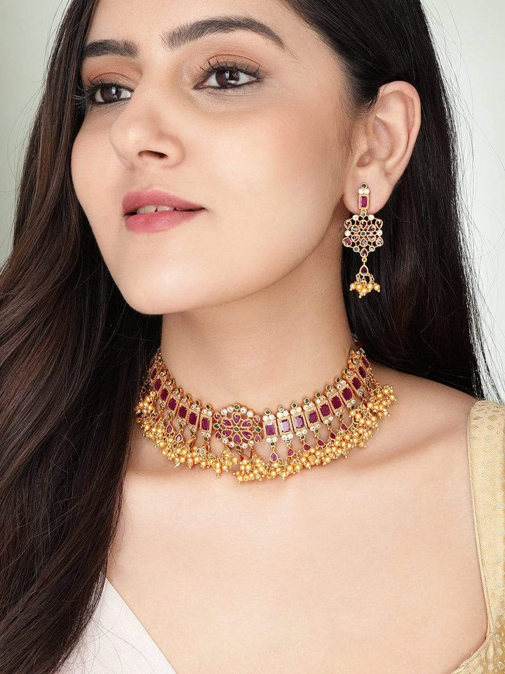 Rubans 24K Gold Plated Red Studded Intricate Necklace Set Necklace Set