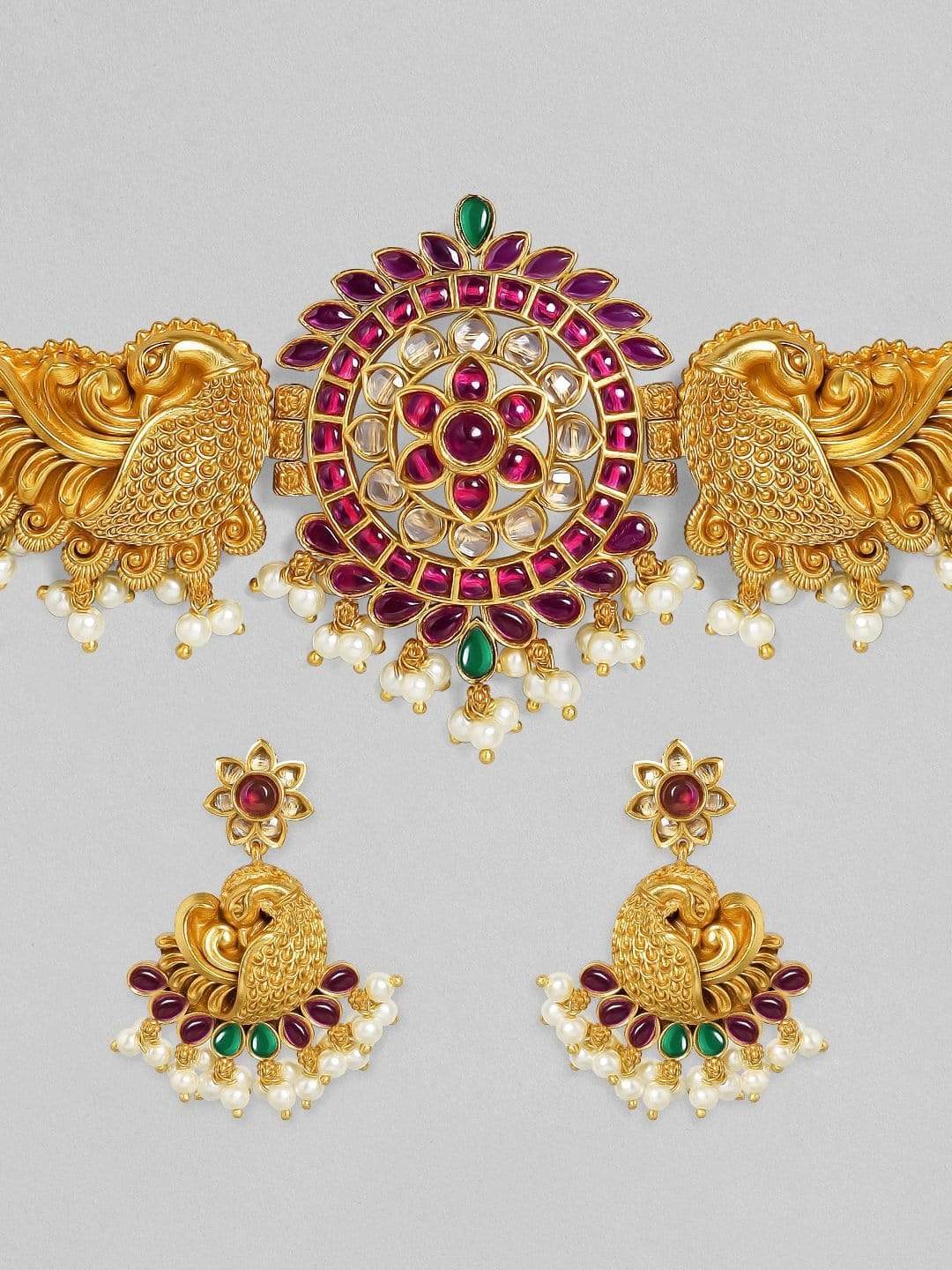 Rubans 24K Gold-Plated Red & White Ruby-Studded & Beaded Handcrafted Jewellery Set Choker