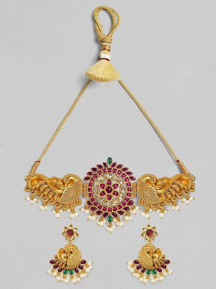 Rubans 24K Gold-Plated Red & White Ruby-Studded & Beaded Handcrafted Jewellery Set Choker